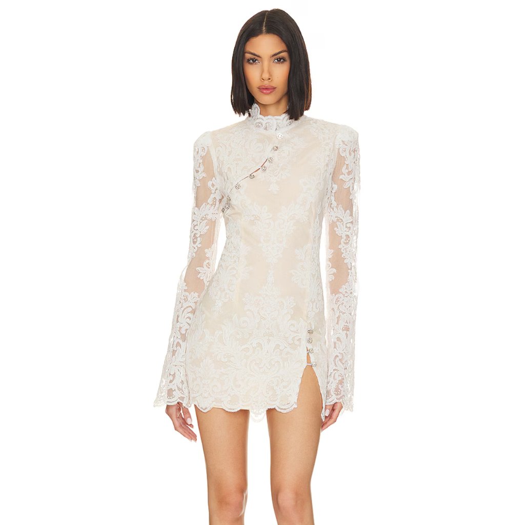 New Stone Cold Fox X Revolve Allure Mini Dress In White Lace Long Sleeve Bridal